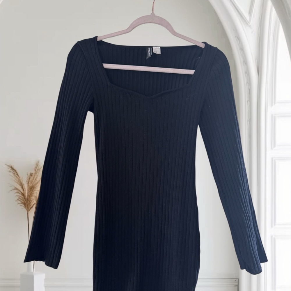 Divided Black Ribbed Mini Dress